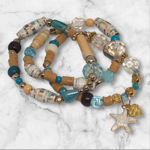 Handcrafted Beads Coastal Vibes Bracelet Set Mixed Media OBX Coastal Teal Yellow - Picture 1 of 5